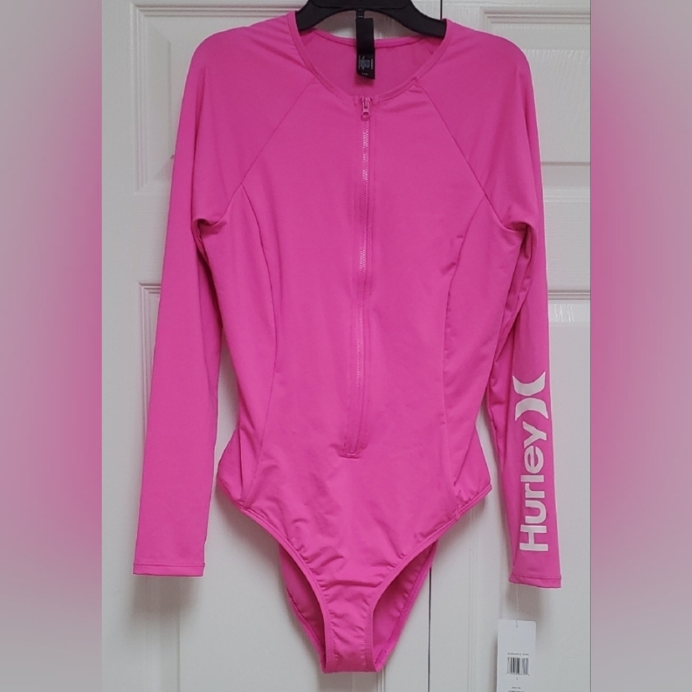 Hurley Long Sleeve Zip Frobt Rashguard/Pink